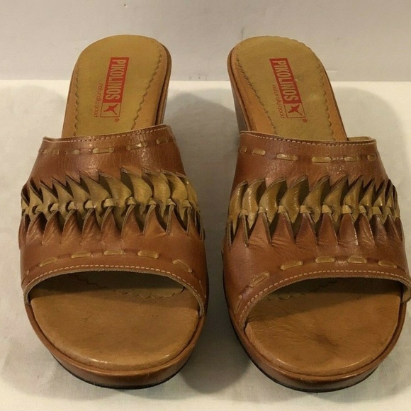 PIKOLINOS Shoes - Pikolinos Brandy Brown Leather slip on slide wedge